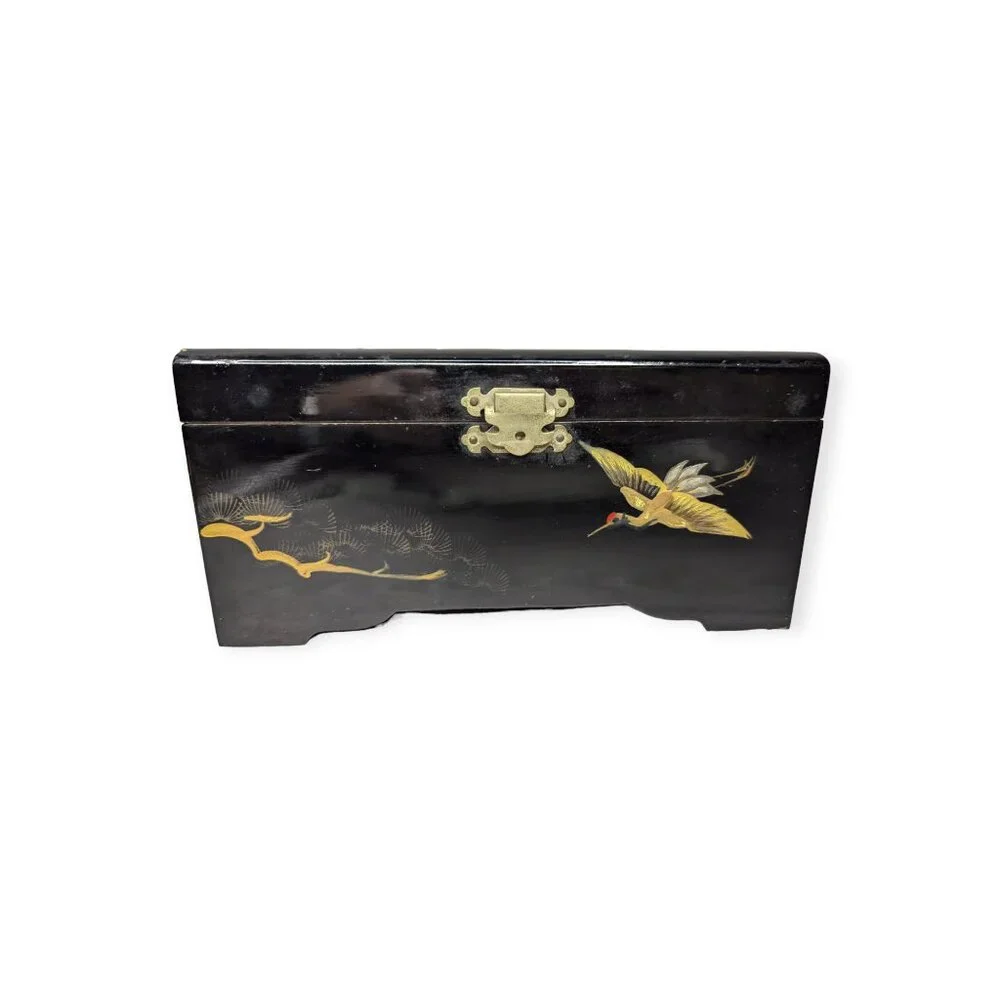 Vintage Betsons Original Japanese Hand Painted Wood Lacquered Lined Box w/Mirror